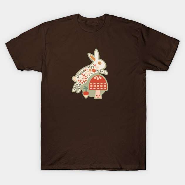 White Rabbit Jumping over a Mushroom T-Shirt by latheandquill